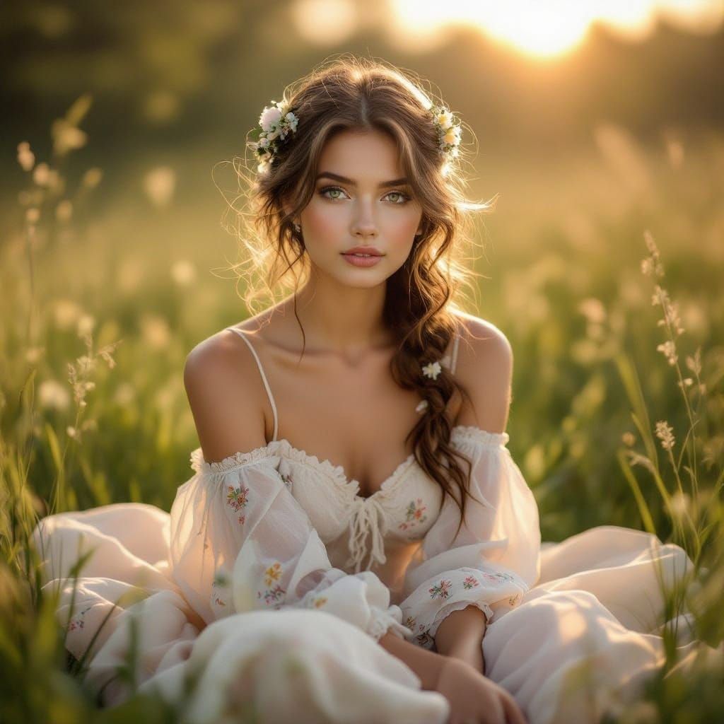 Ethereal Portrait of a Young Woman in a Sun-Dappled Meadow