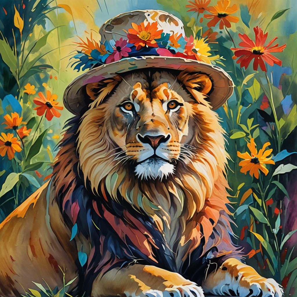 Lion in Hat: Impressionist Gouache Masterpiece