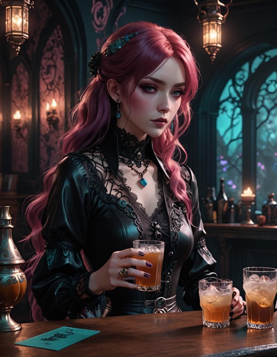 Redhead Goth Girl Drinking Cider: Anime-Inspired 3D Art