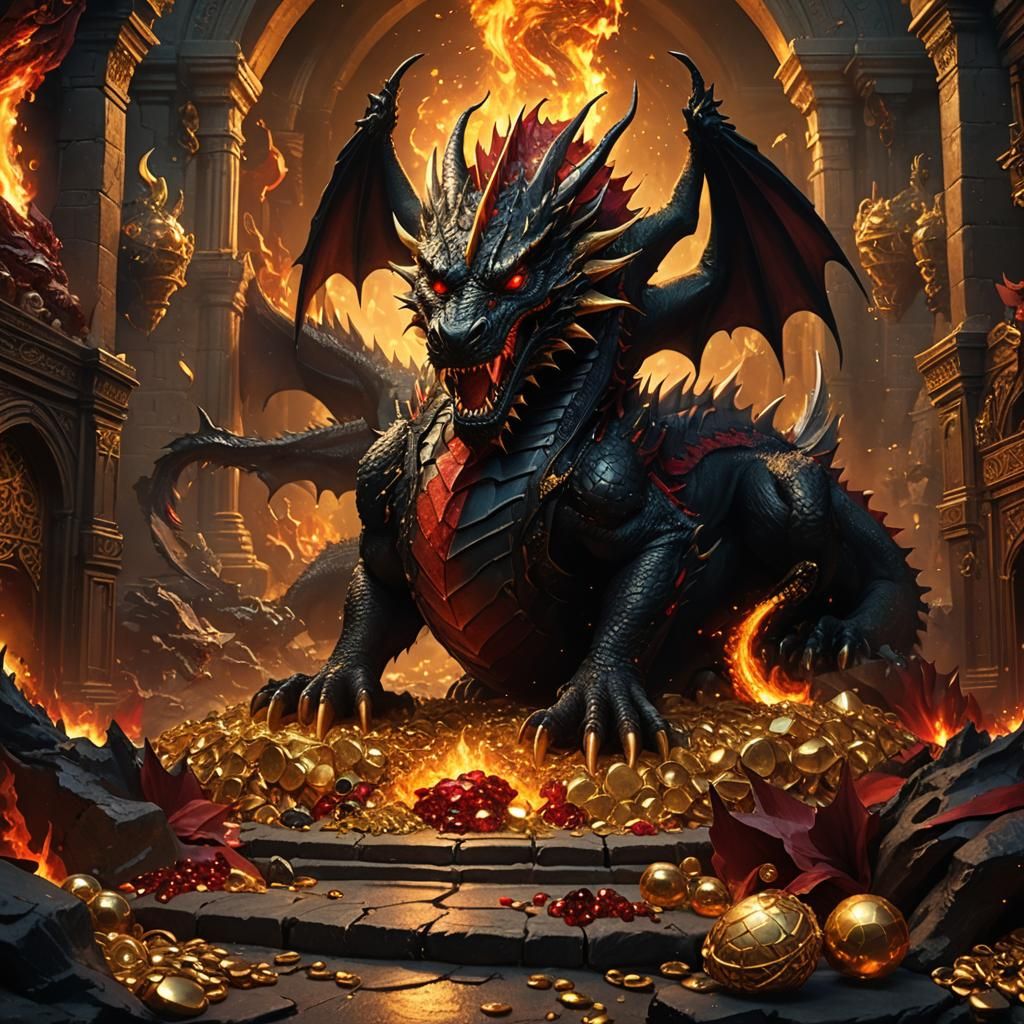 Dragon on Treasure Hoard in a Fantasy World