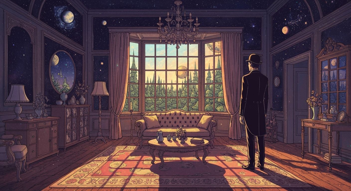 Man Gazes at Surreal Cosmic Forest from Magritte-Inspired Ro...