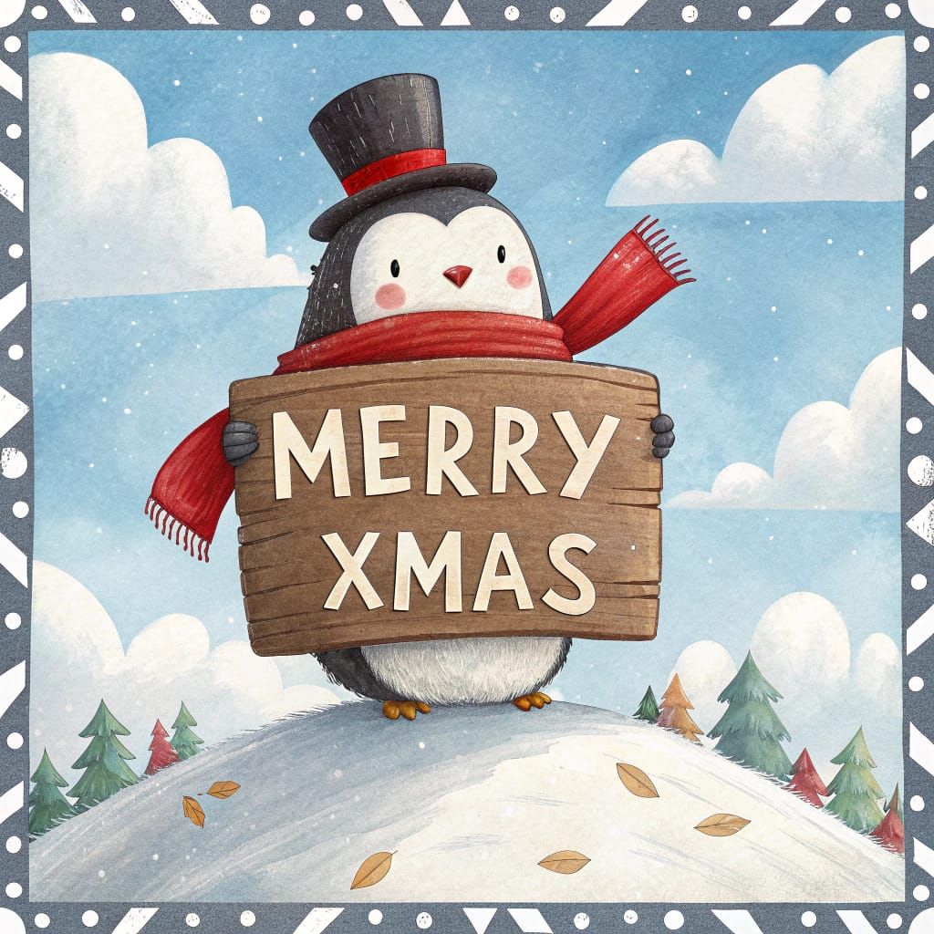 Festive Penguin Wishes Merry Xmas in Holiday Card