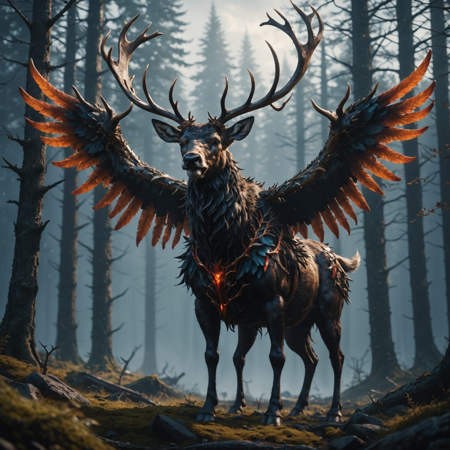 Demonic Reindeer with Wings, Fantasy Concept Art