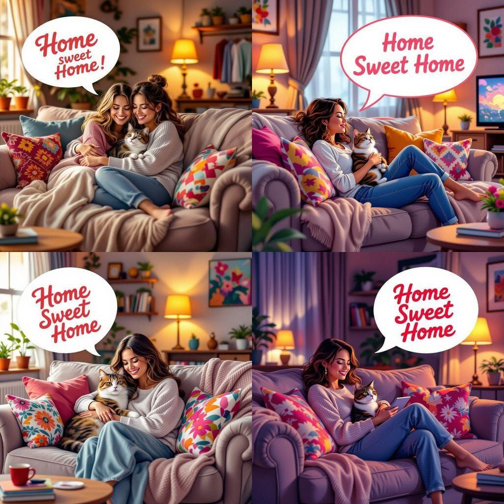 Cozy Cartoon: Woman and Cat at Home, Acrylic Style