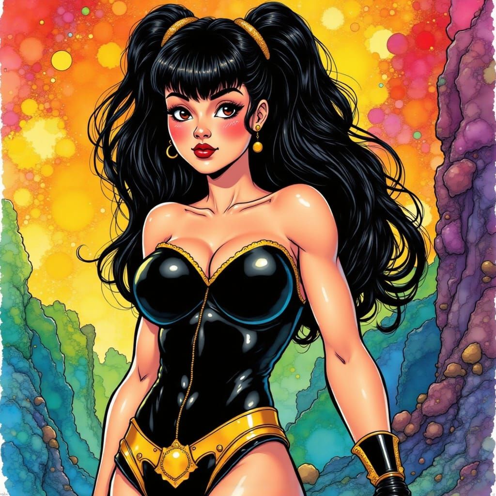 Bettie Page as a Superheroine in Vibrant Splash Art