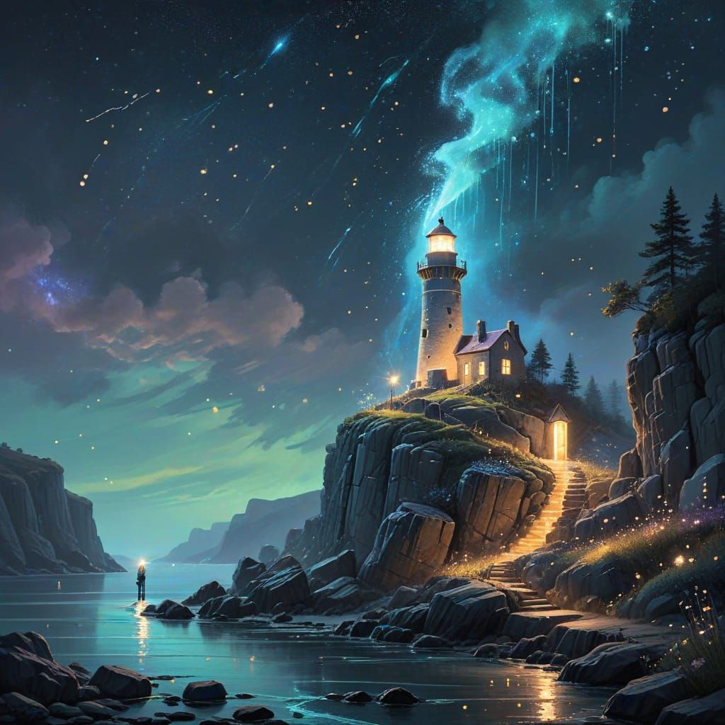 Whimsical Lighthouse Keeper in Dreamy Fairytale Illustration