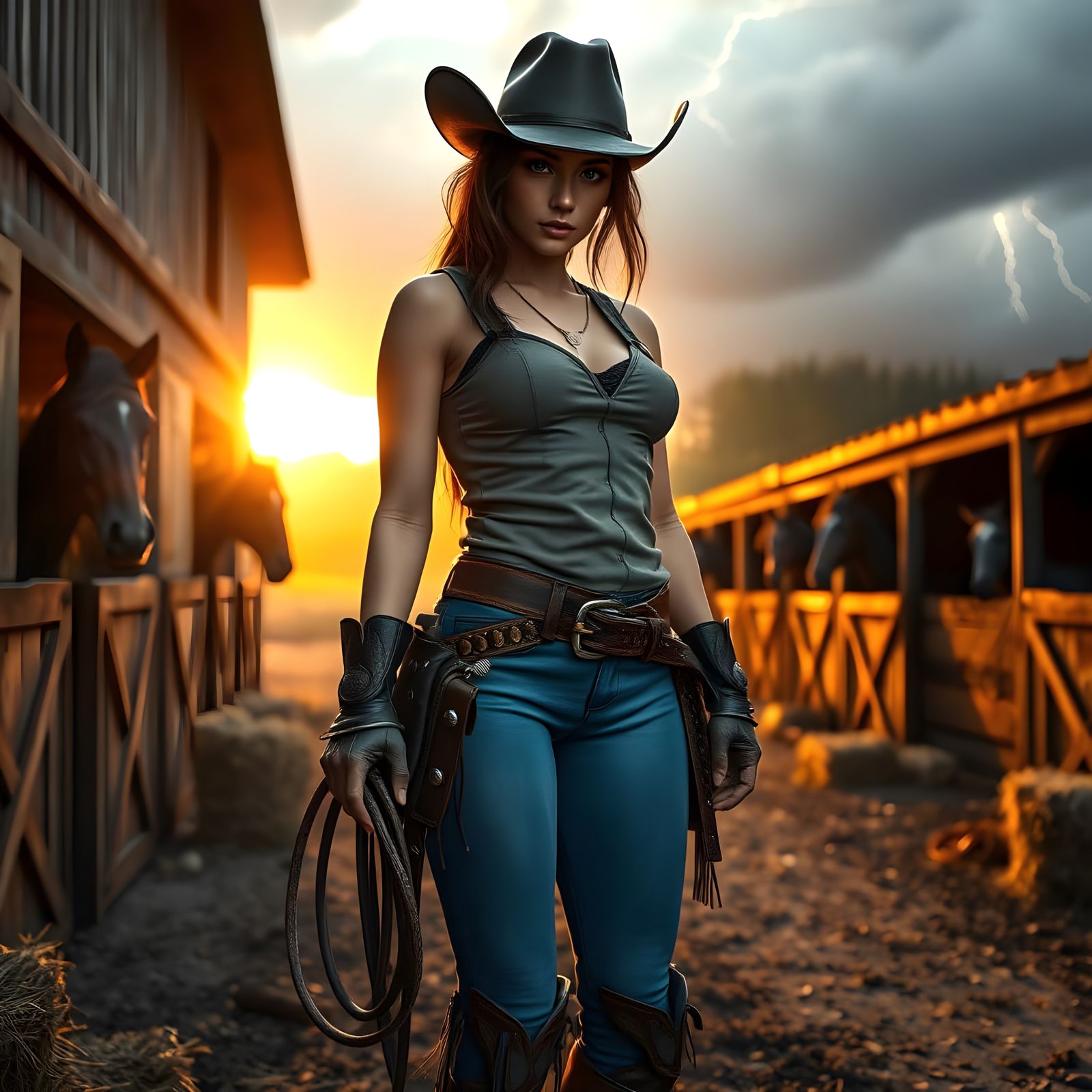 Tough yet Elegant Brunette Cowgirl in a Stormy Barn