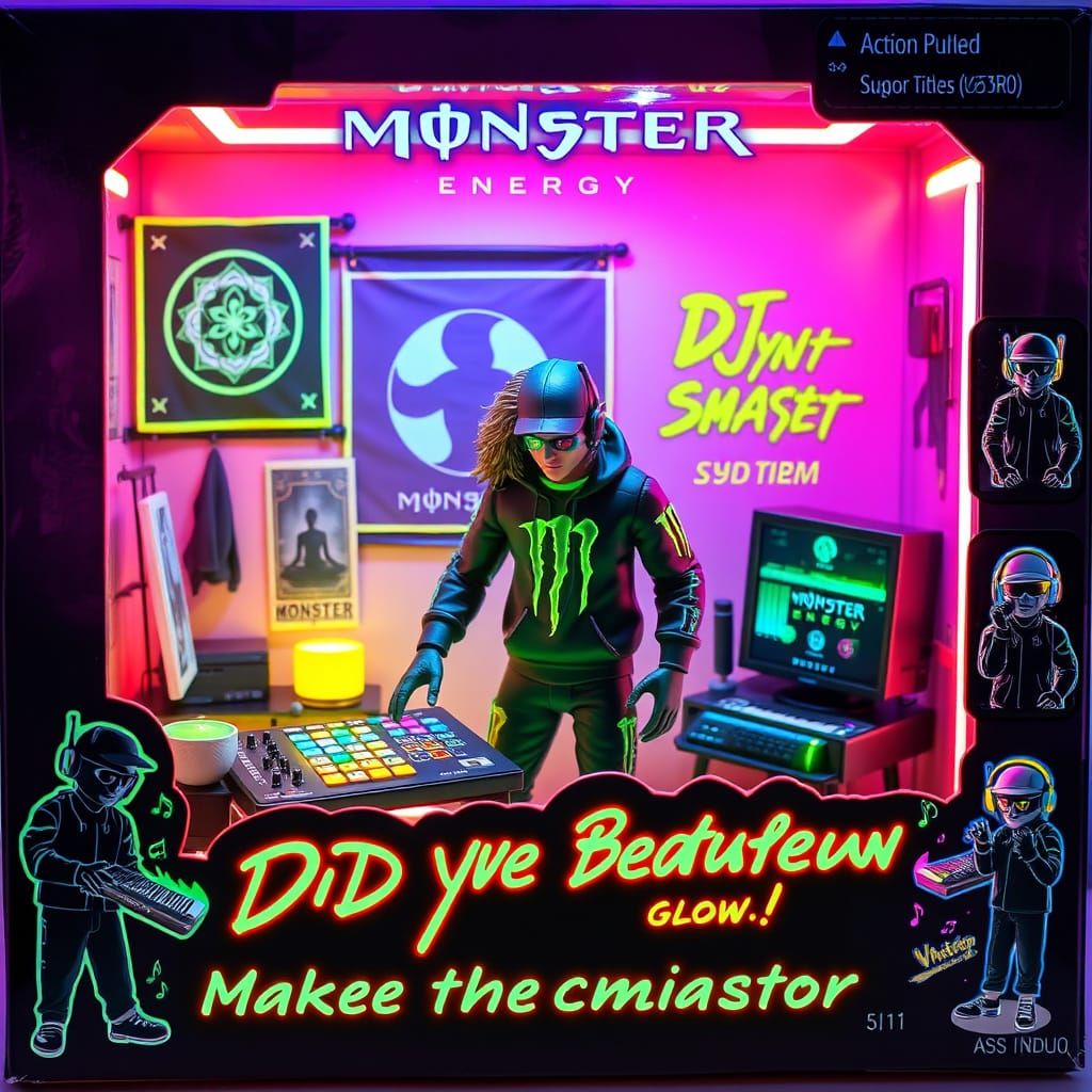 Futuristic Music Producer Action Figure Packaging in Neon-Li...