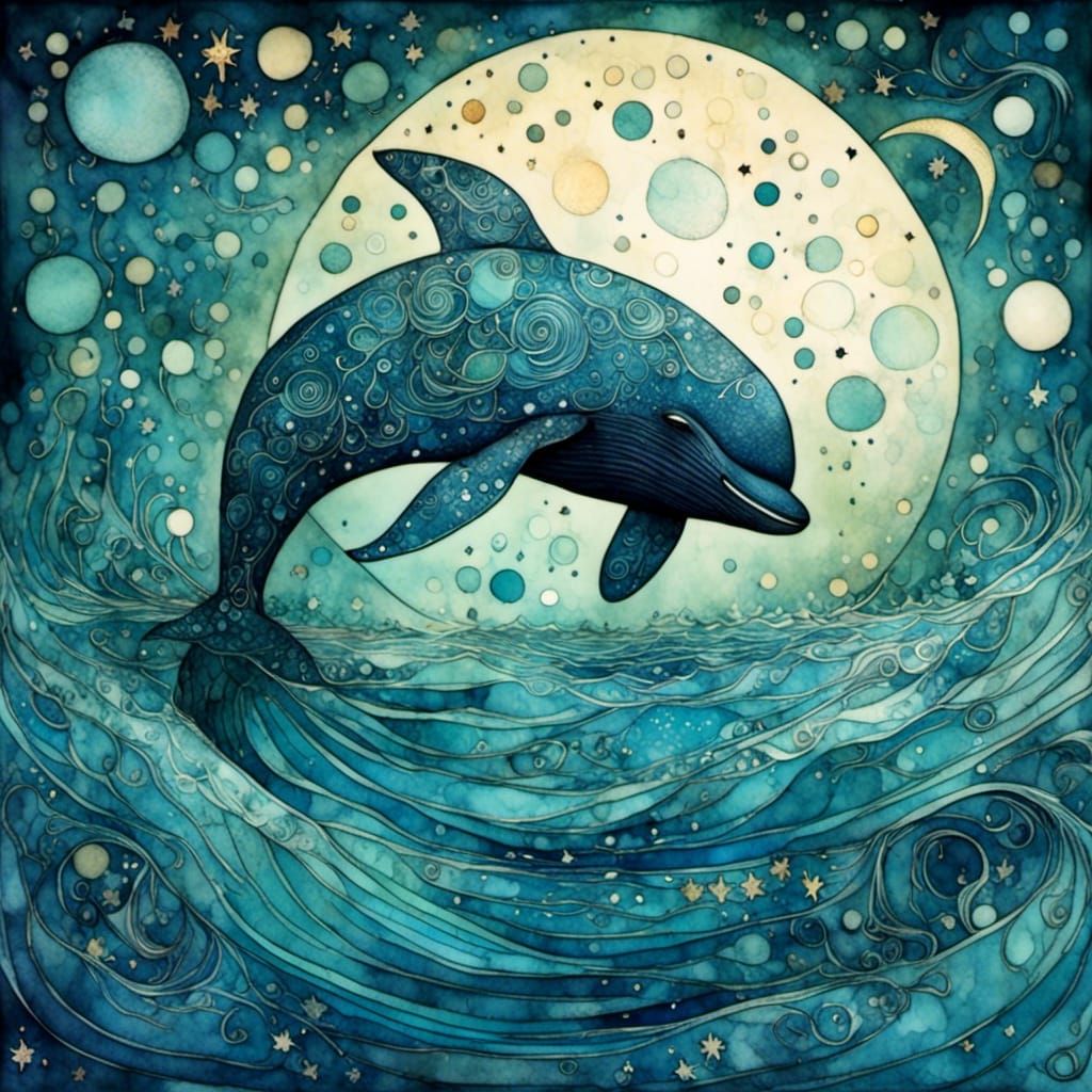 Whale in Starry Sea: Liquid Ink Watercolor Art