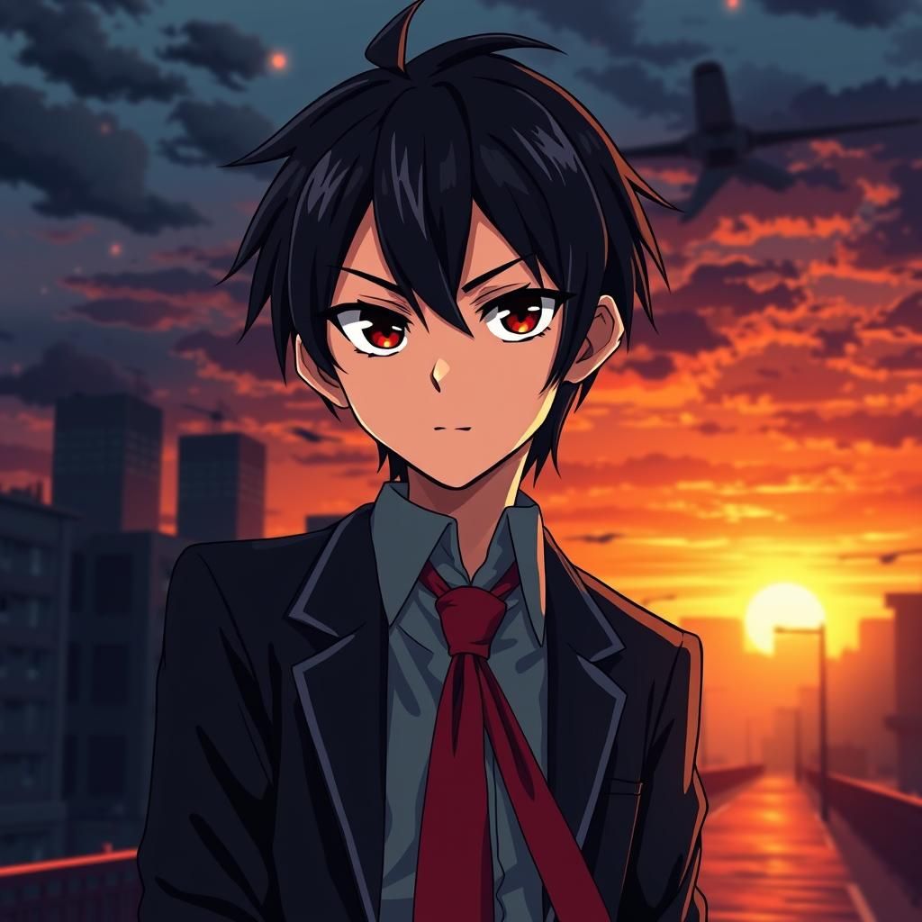 Brooding Anime Teen in Moody Cityscape at Sunset