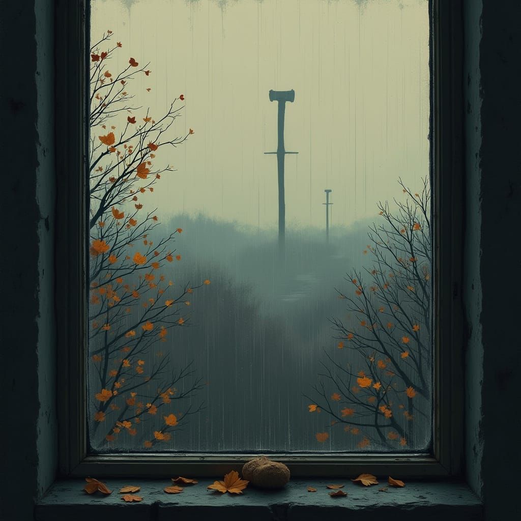 Melancholic Autumn Window View with Unfinished Nail as Symbo...