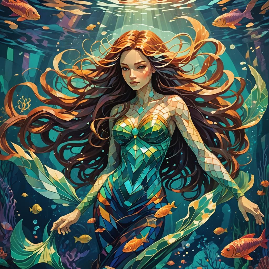 Mermaid in Shipwreck: Geometric Vector Art