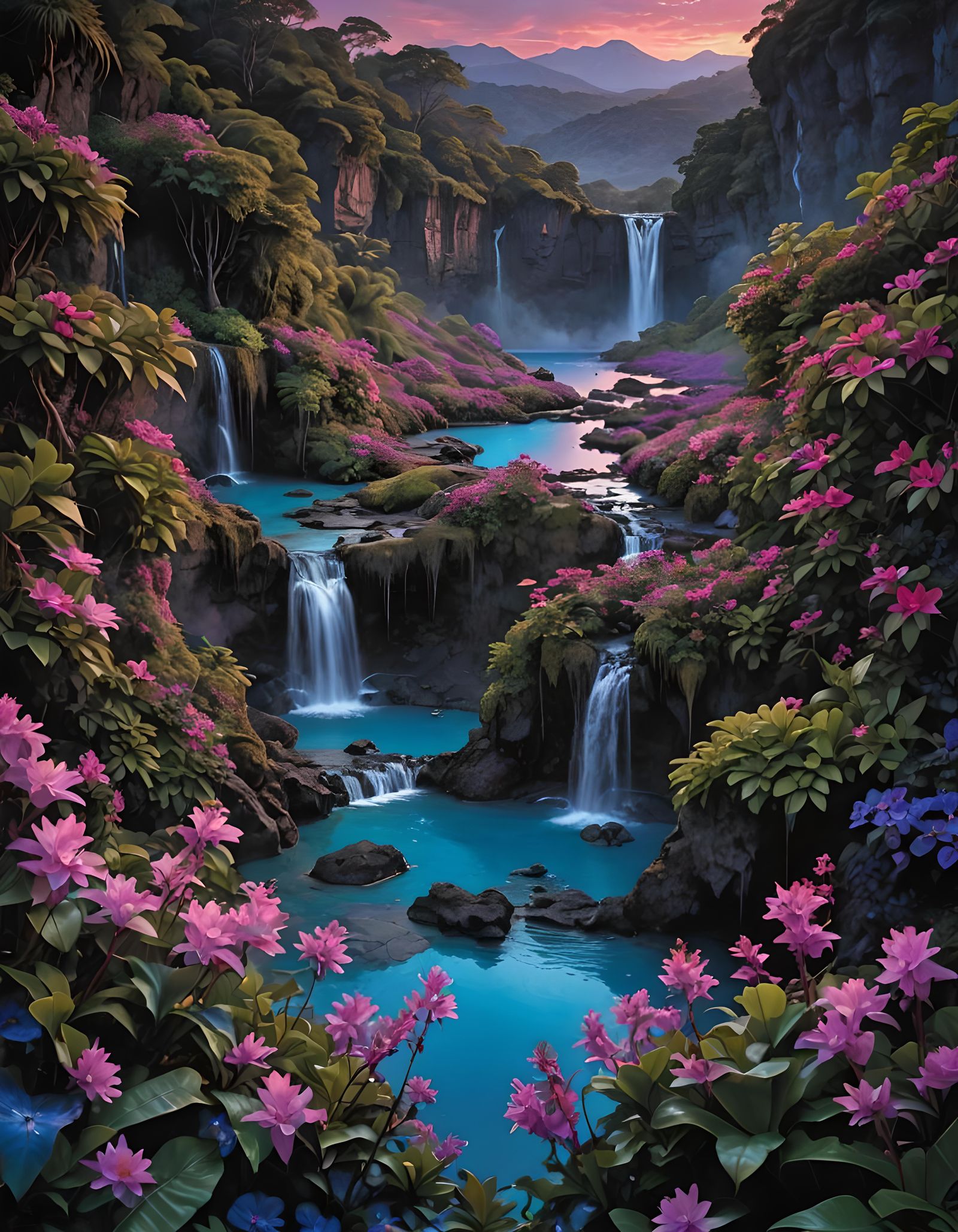 Hyperrealistic Waterfall Cascading into Glowing Lagoon at Du...