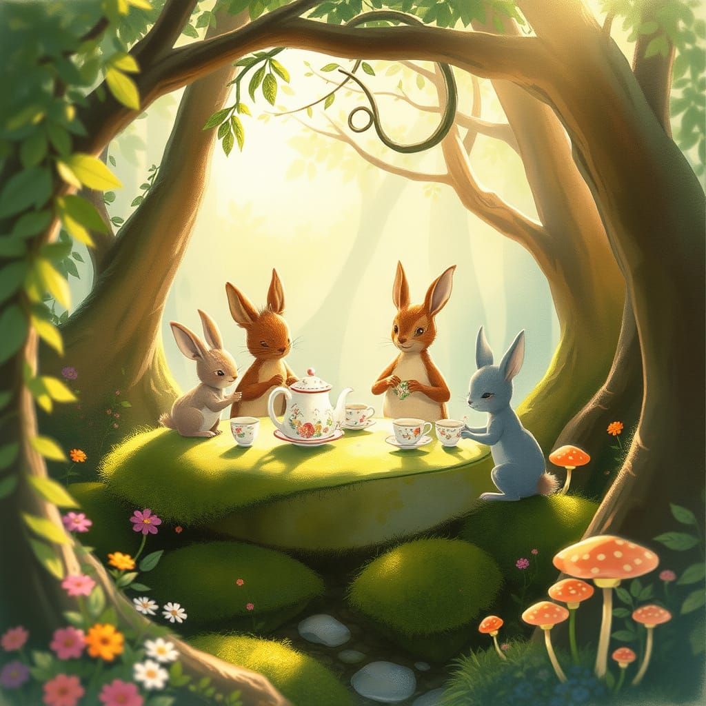 Enchanted Forest Tea Party in Watercolor Style