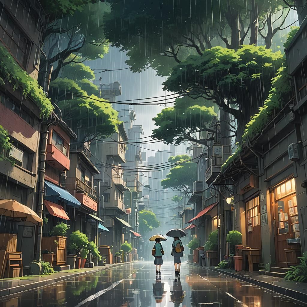 Rainy Anime Key Visual in Ghibli Style