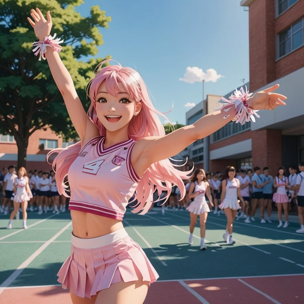 Anime Cheerleader Posing with Pompoms in Sunlight