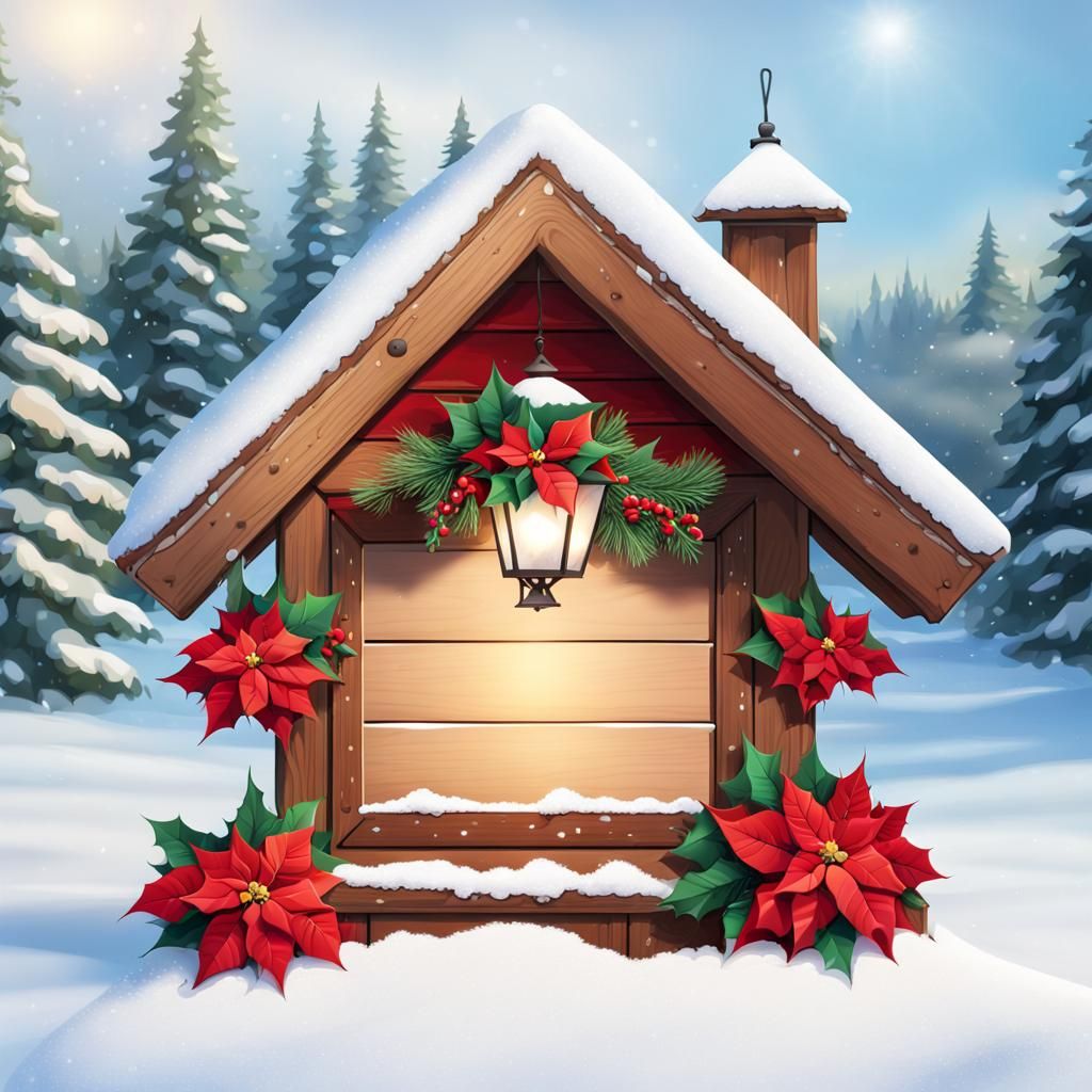 Festive Wooden Sign with Christmas Decorations in Snow