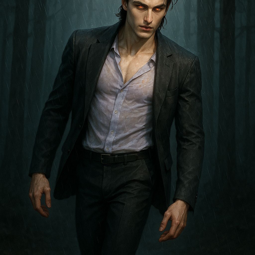 Handsome Vampire in Rain-soaked Forest, Dark Fantasy