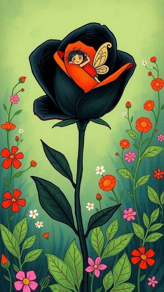 Black Rose with Fairy in Naive Art Style