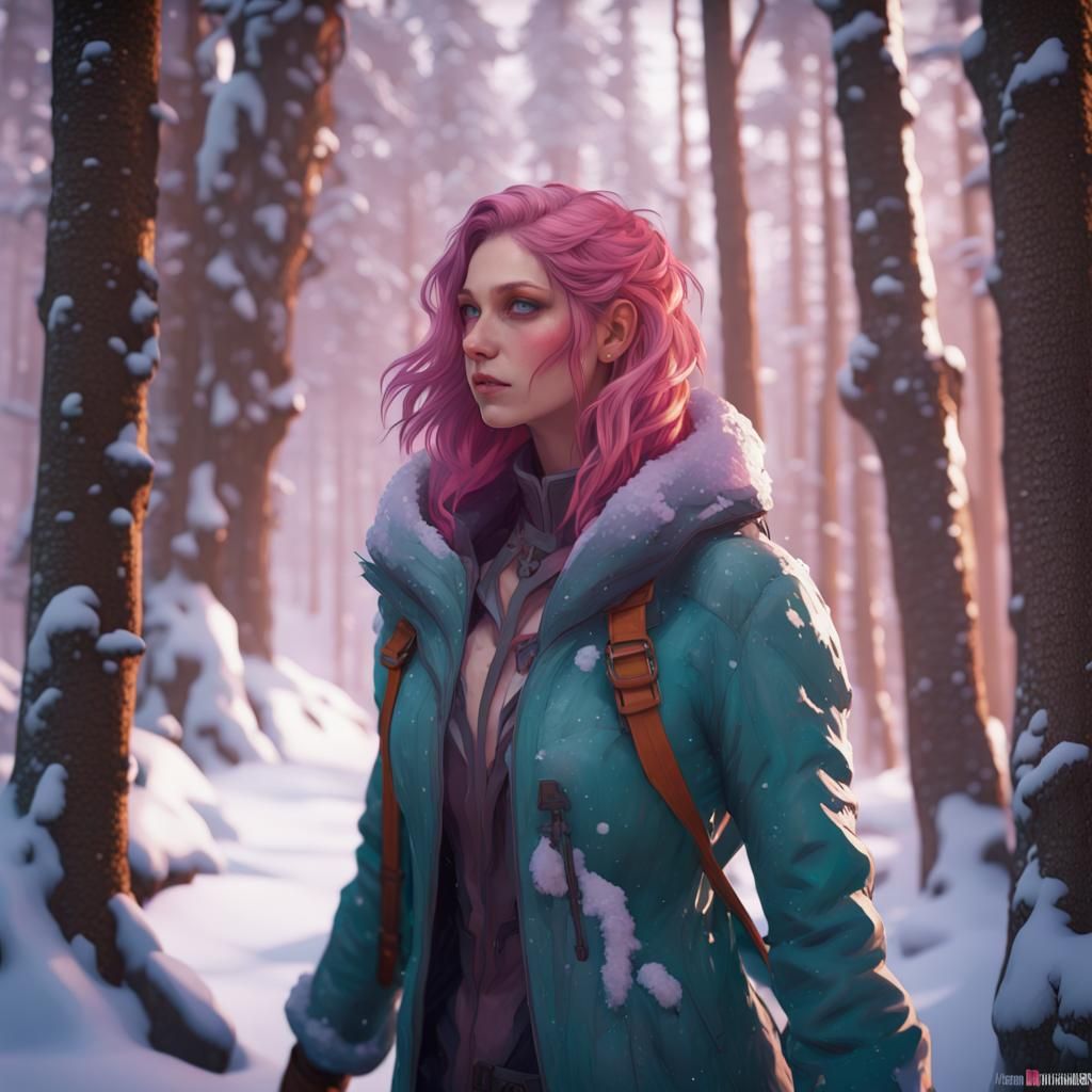 Pink-Haired Woman in Winter Forest, Hyperdetailed Art