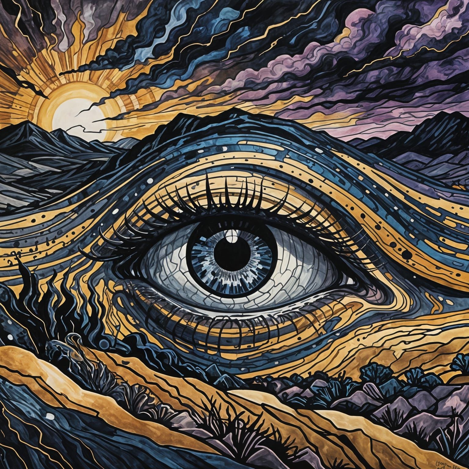 Stormy Desert Landscape Reflected in Expressionist Ink Drawi...