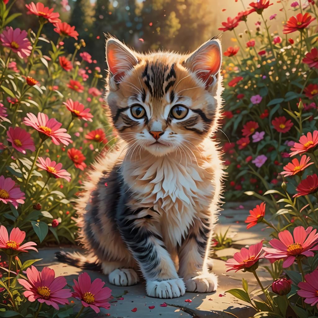 Kitten Sniffs Cosmos Flowers: Whimsical 3D Digital Art