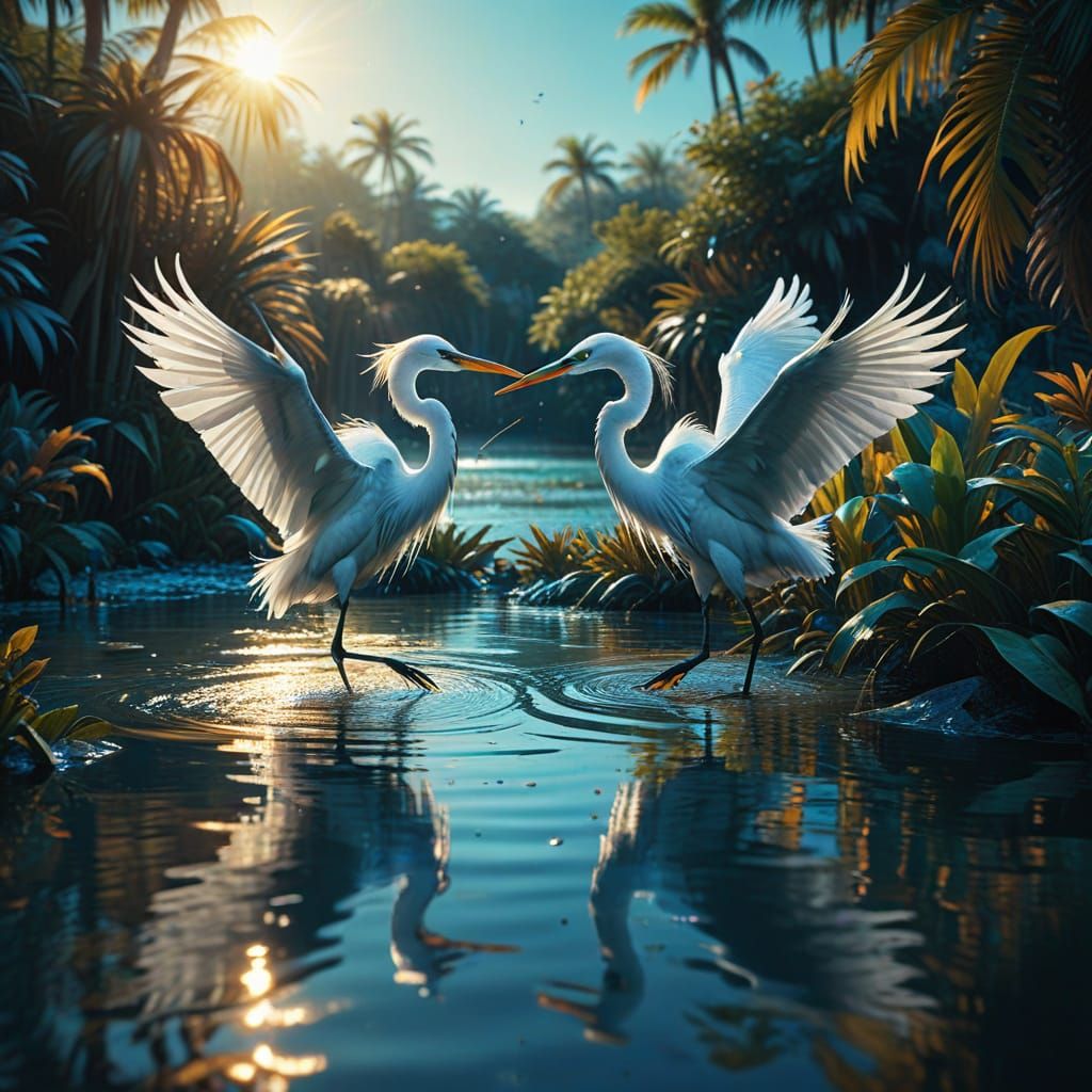 Egrets in Turquoise Light: A Digital Matte Painting