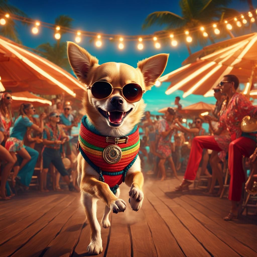 Chihuahua Dances Salsa in Beach Club, Digital Painting