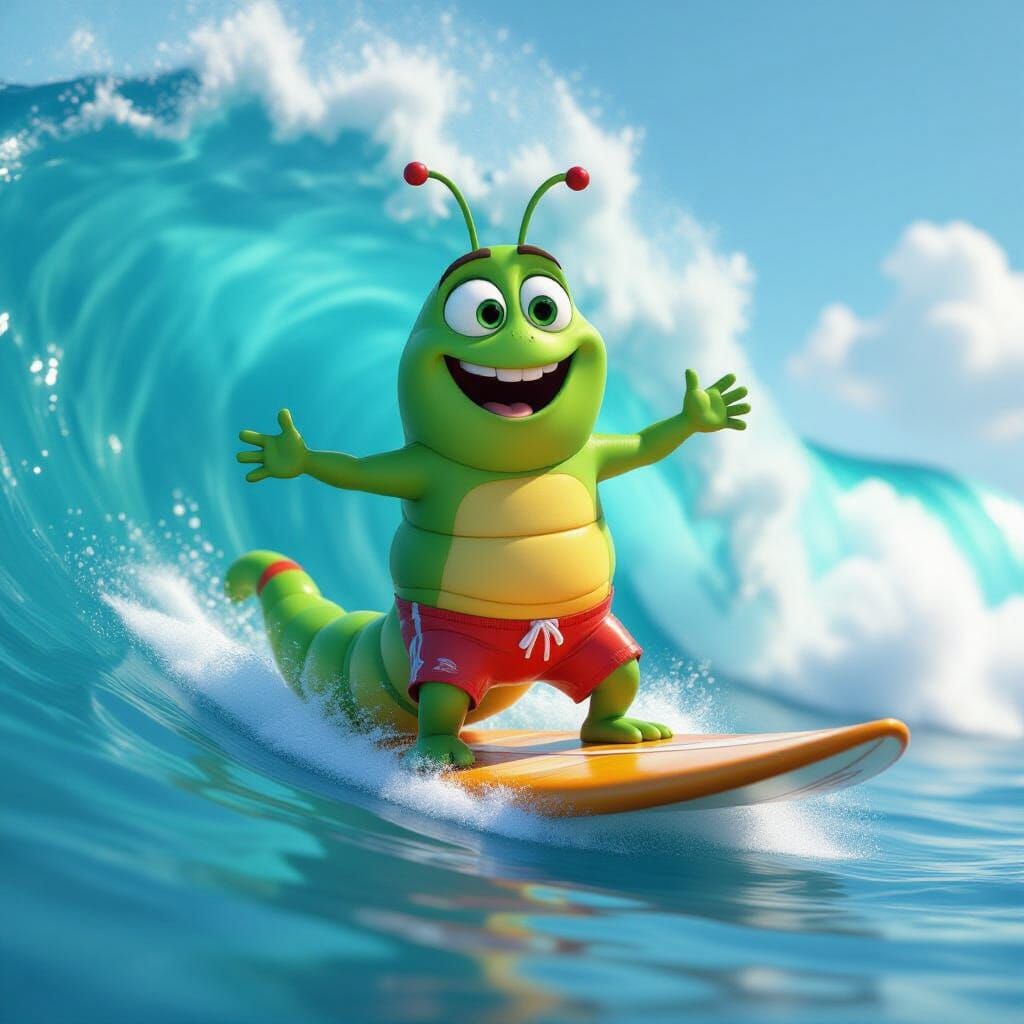 Pixar-Style Caterpillar Surfing a Big Wave