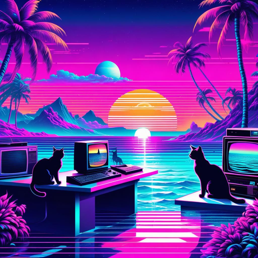 Vaporwave Cats in Liminal Dreamscape