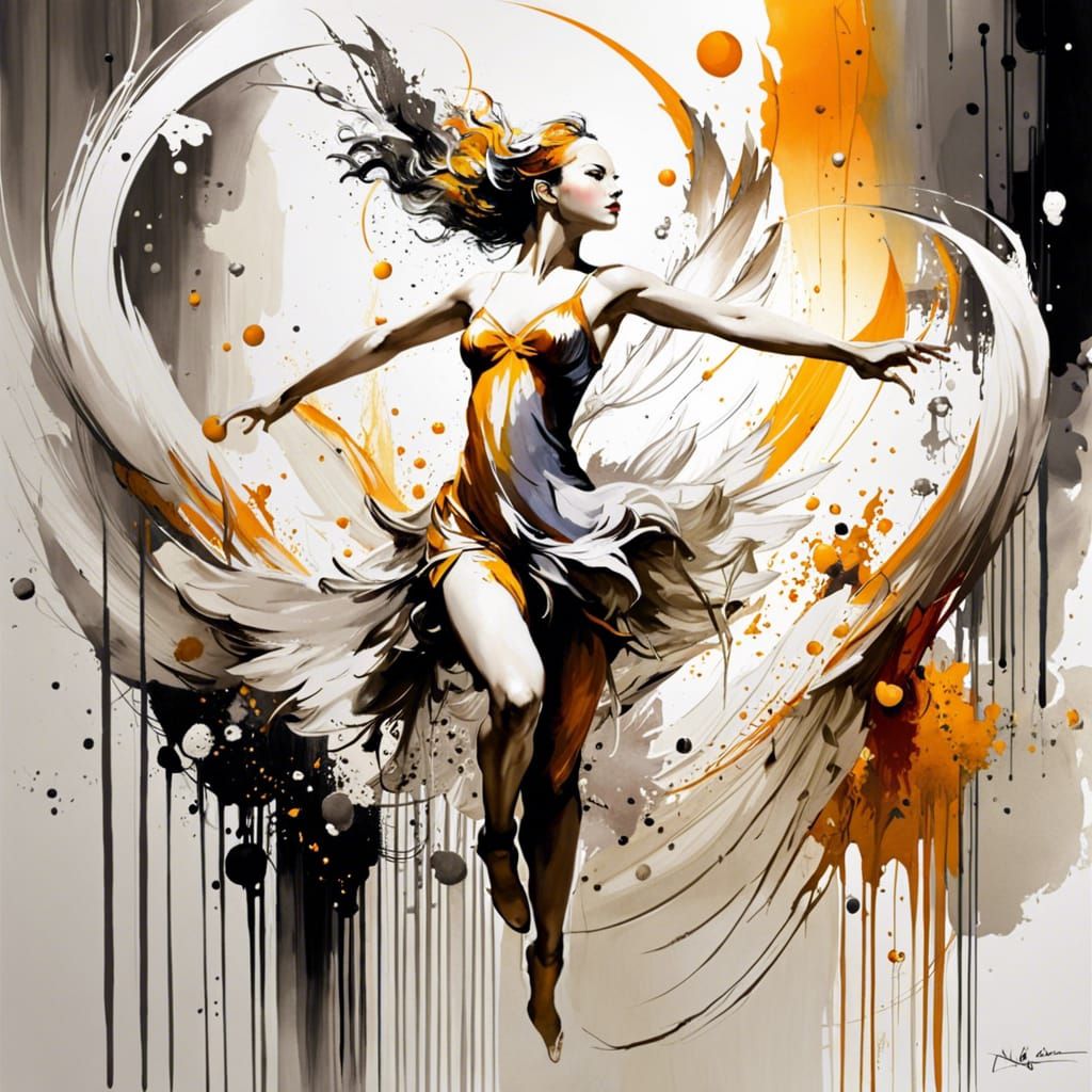 Fantastical Winged Dancer in Monochrome Ink