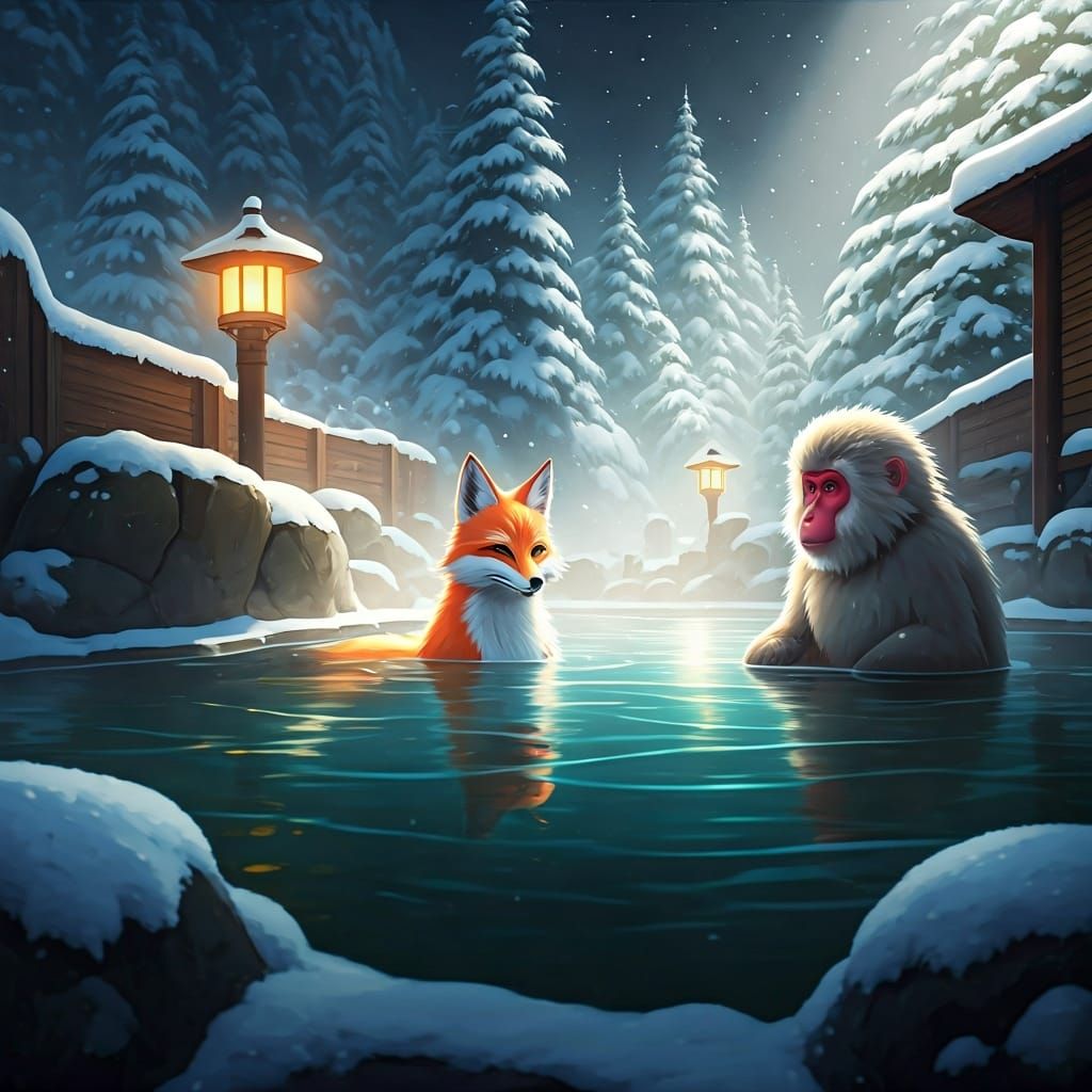 Kitsune Fox and Monkeys in Hot Spring, Anime Style
