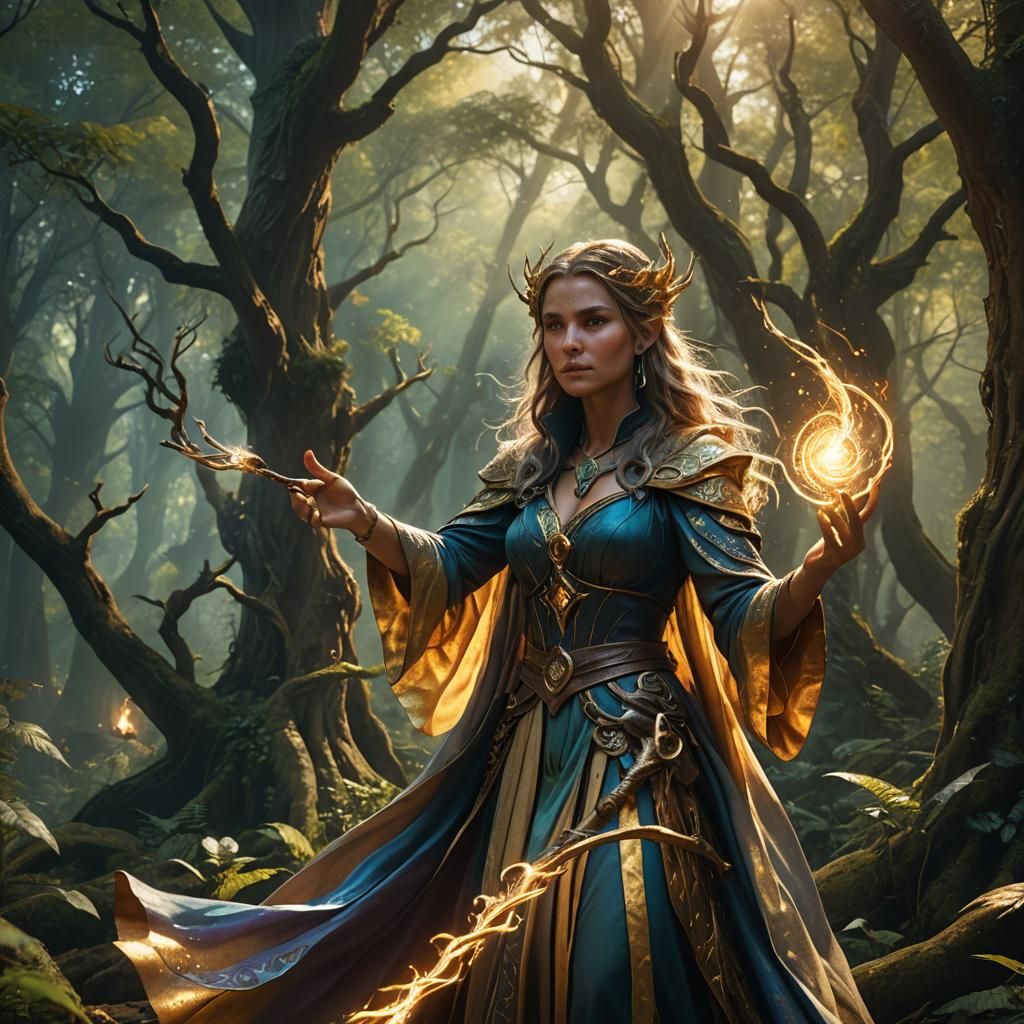 Mystical Sorceress Casting Spell in Ancient Forest