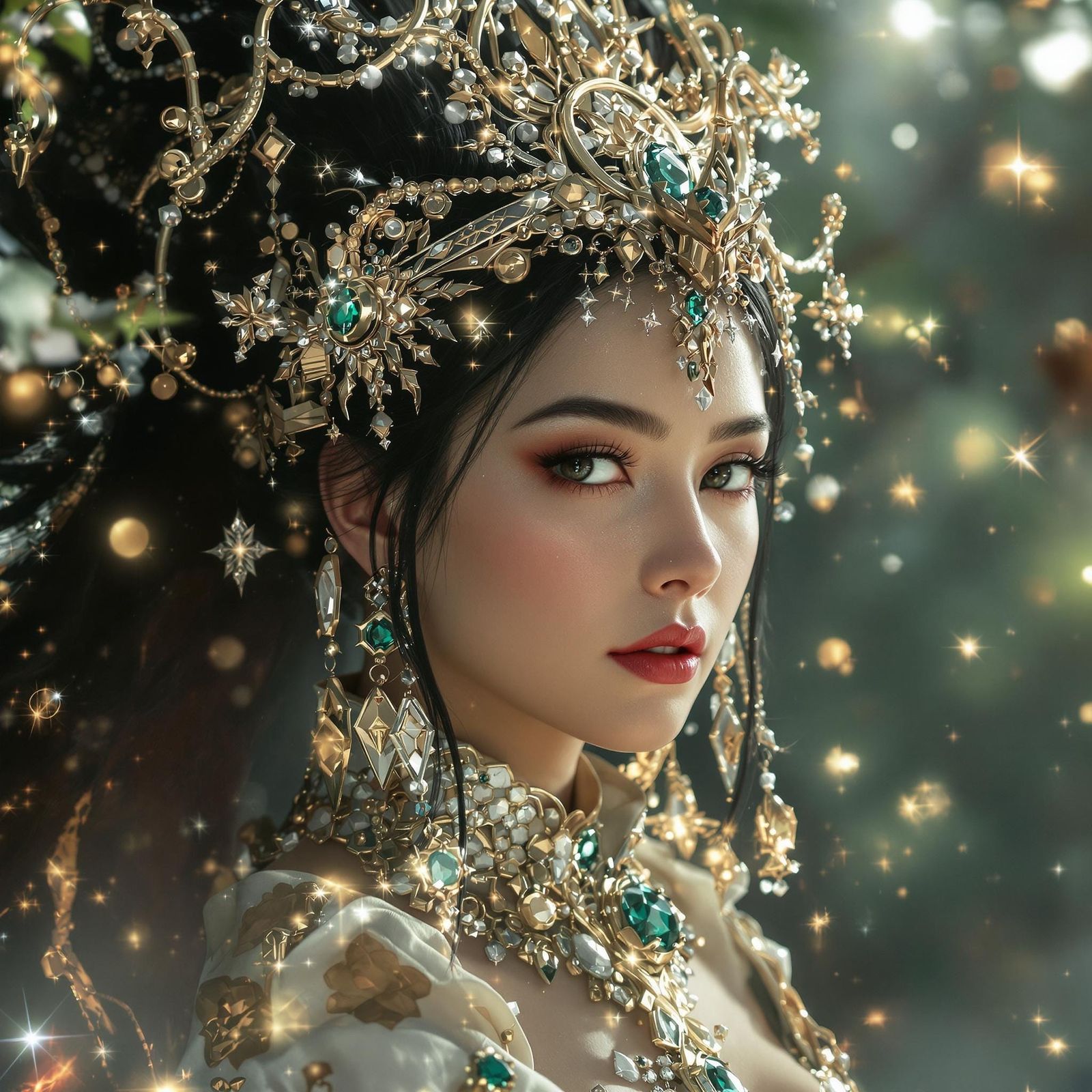 Ethereal Beauty with Longing Expression in Celestial Gown