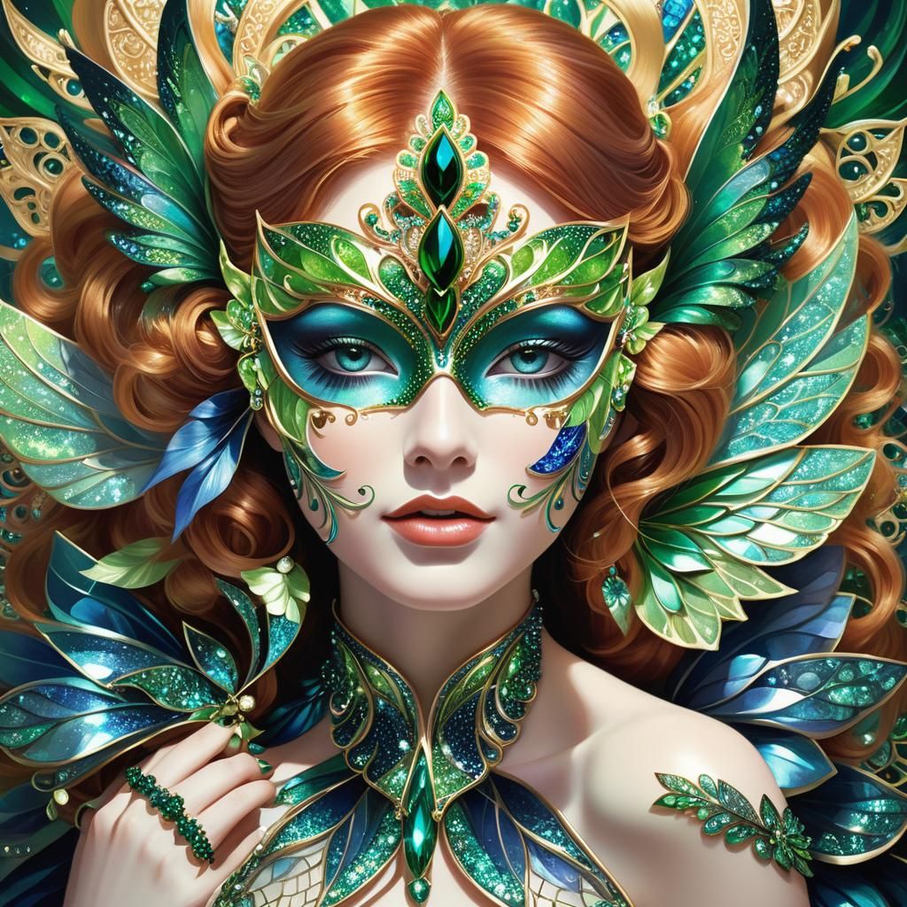 Emerald Masked Woman with Blue Fairy Wings