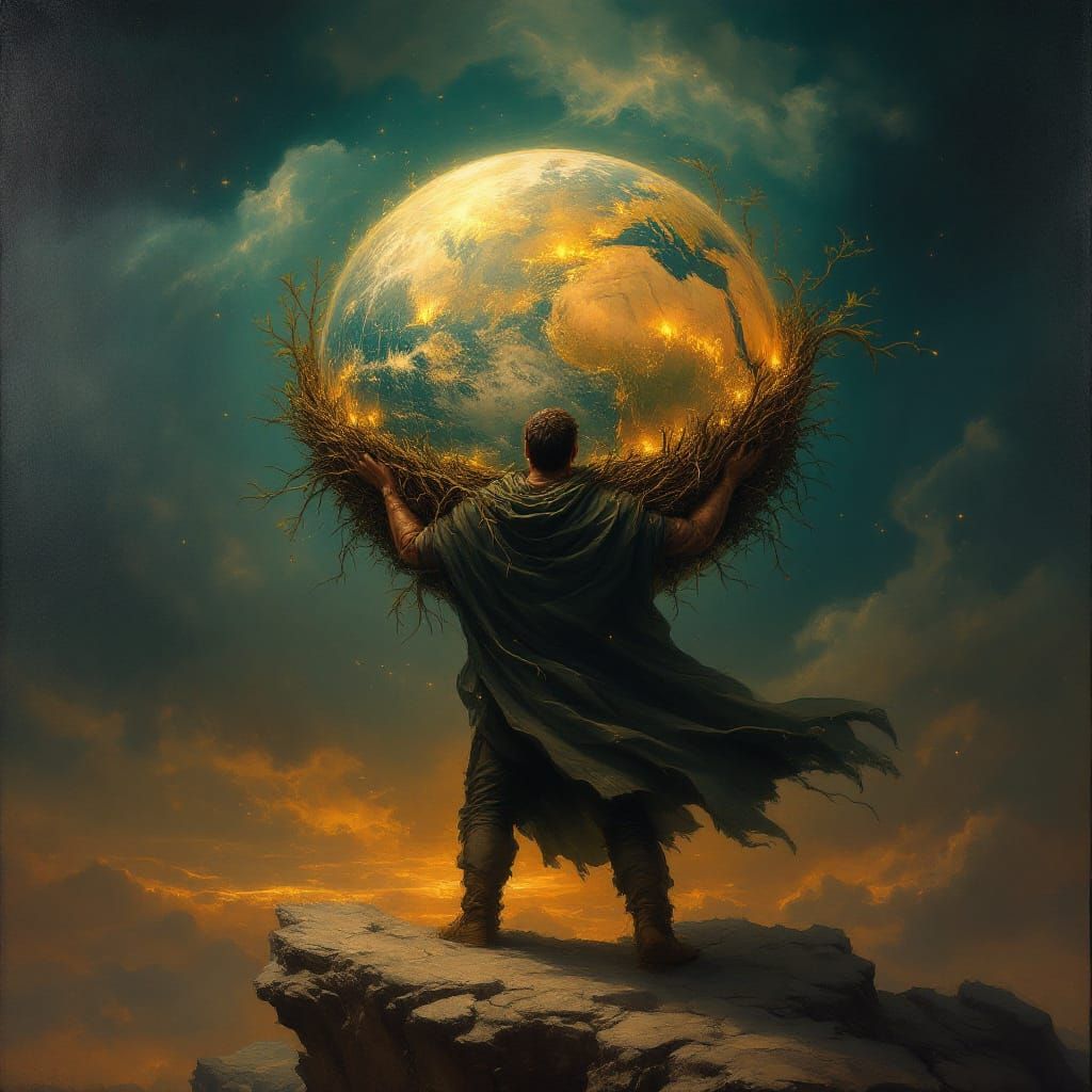 Mythic Oil Painting: Man Carries Luminous Earth on Cliff
