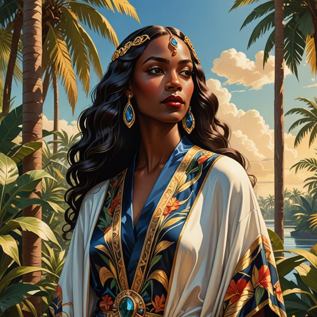 Art Deco Portrait of Woman in Nile Garden