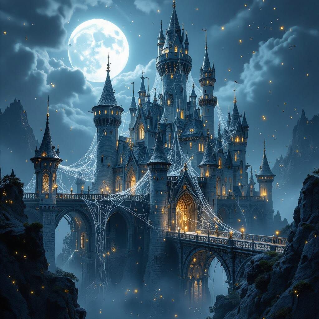 Silver Spiderweb Castle Bathed in Moonlight