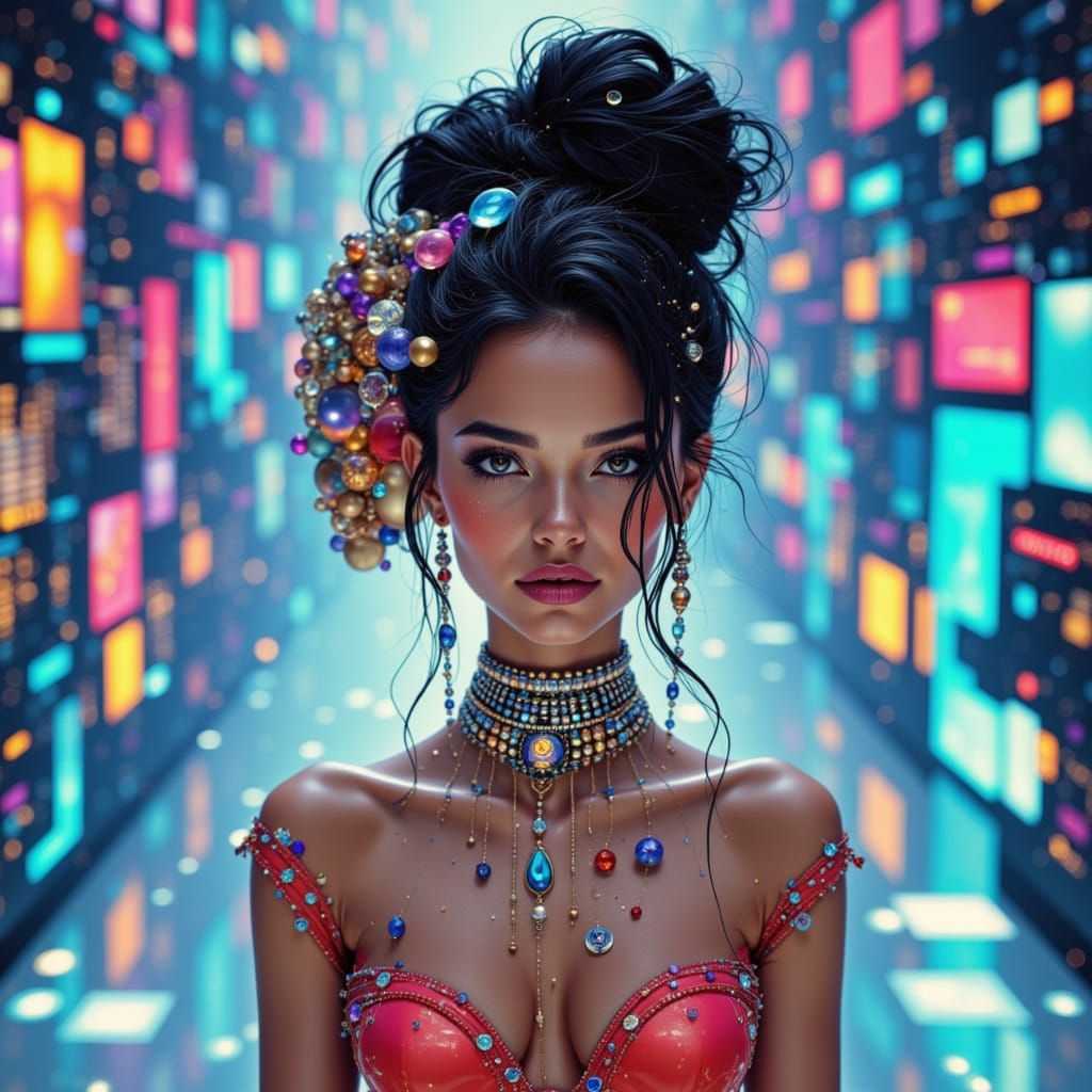 Surreal Woman in Futuristic Electronic Fantasyland with Jewe...