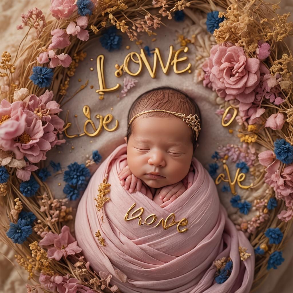 Newborn Baby in Pink Fabric with Floral LOVE