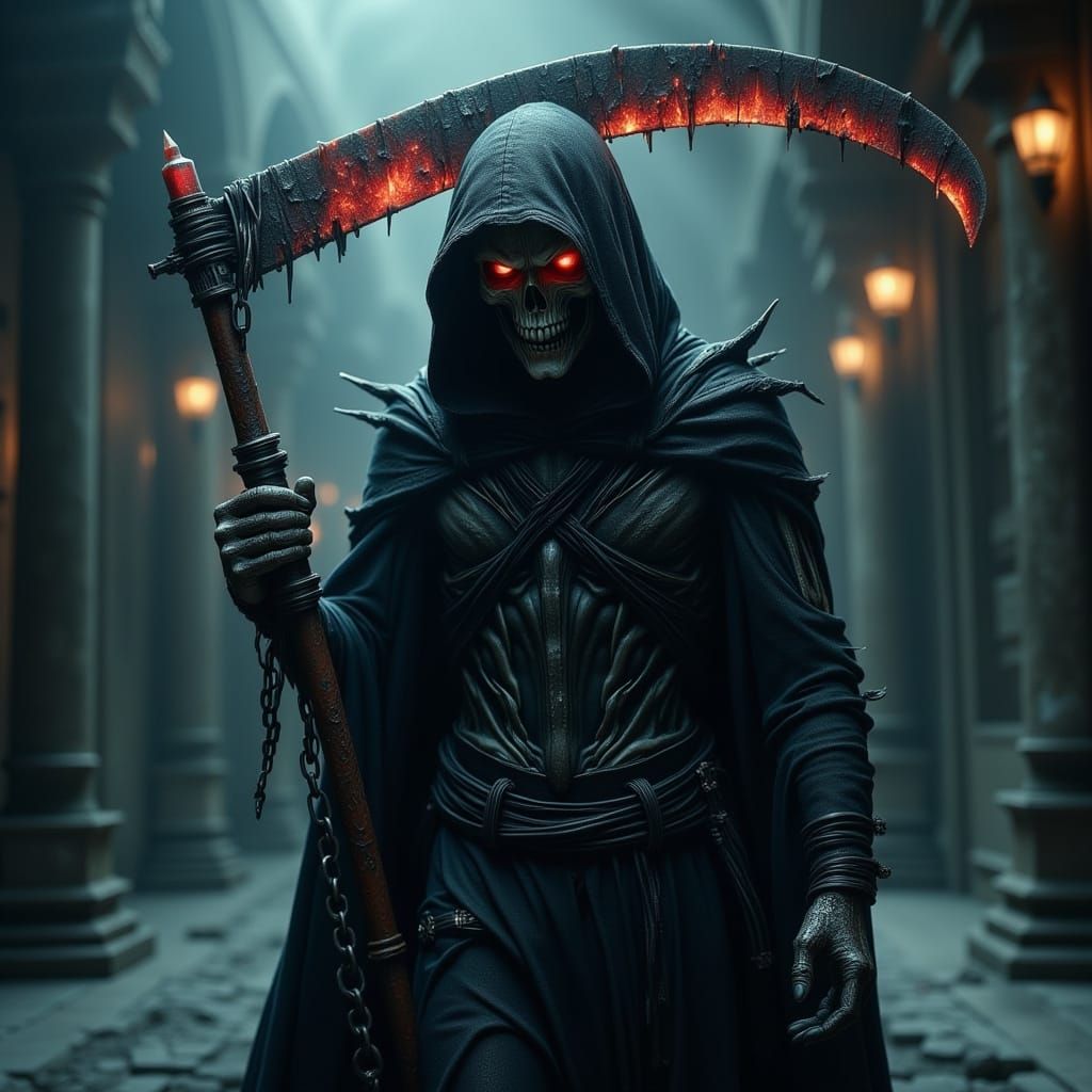 Grim Reaper Emerges from Darkness in Gothic Style