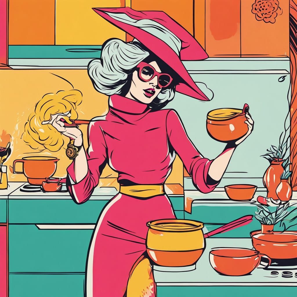 Stylish Witch Casting Spell in Mid-Century Kitchen