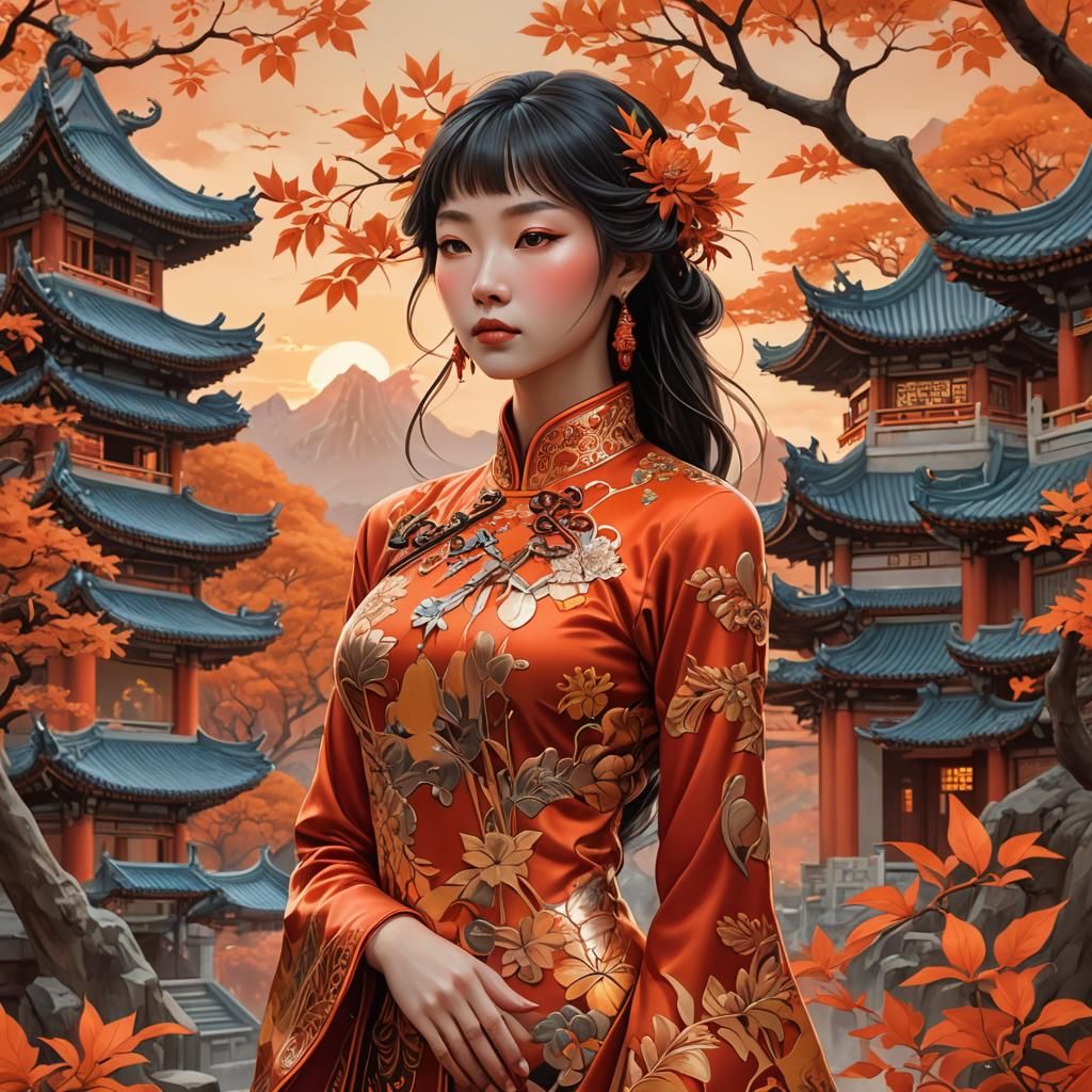Chinese Woman in Orange Cheongsam at Sunset: Anime Art