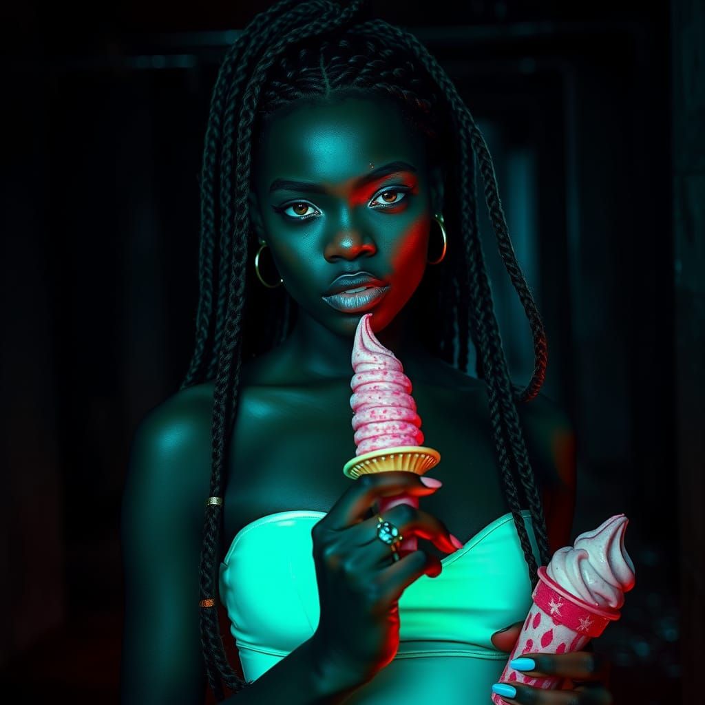 Luminous Woman with Braids in Cyberpunk Cellar