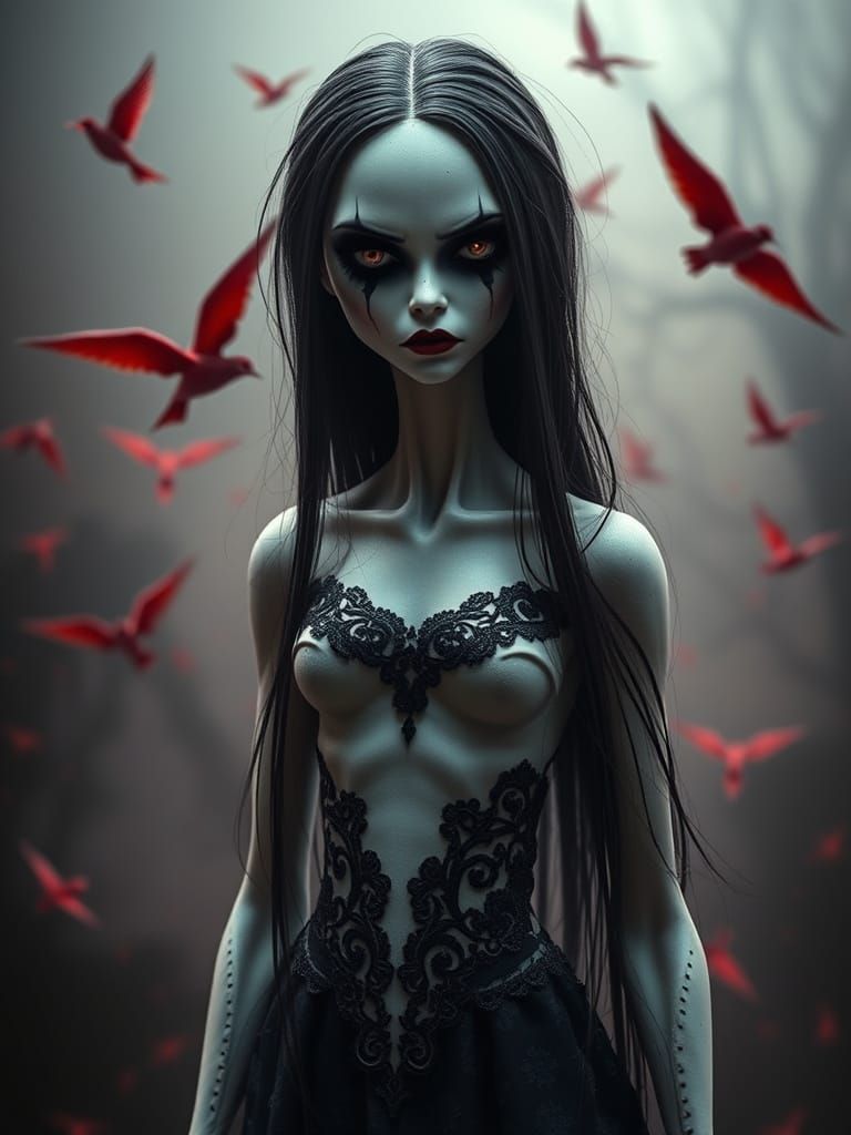 Eerie Porcelain Doll in Red Mist