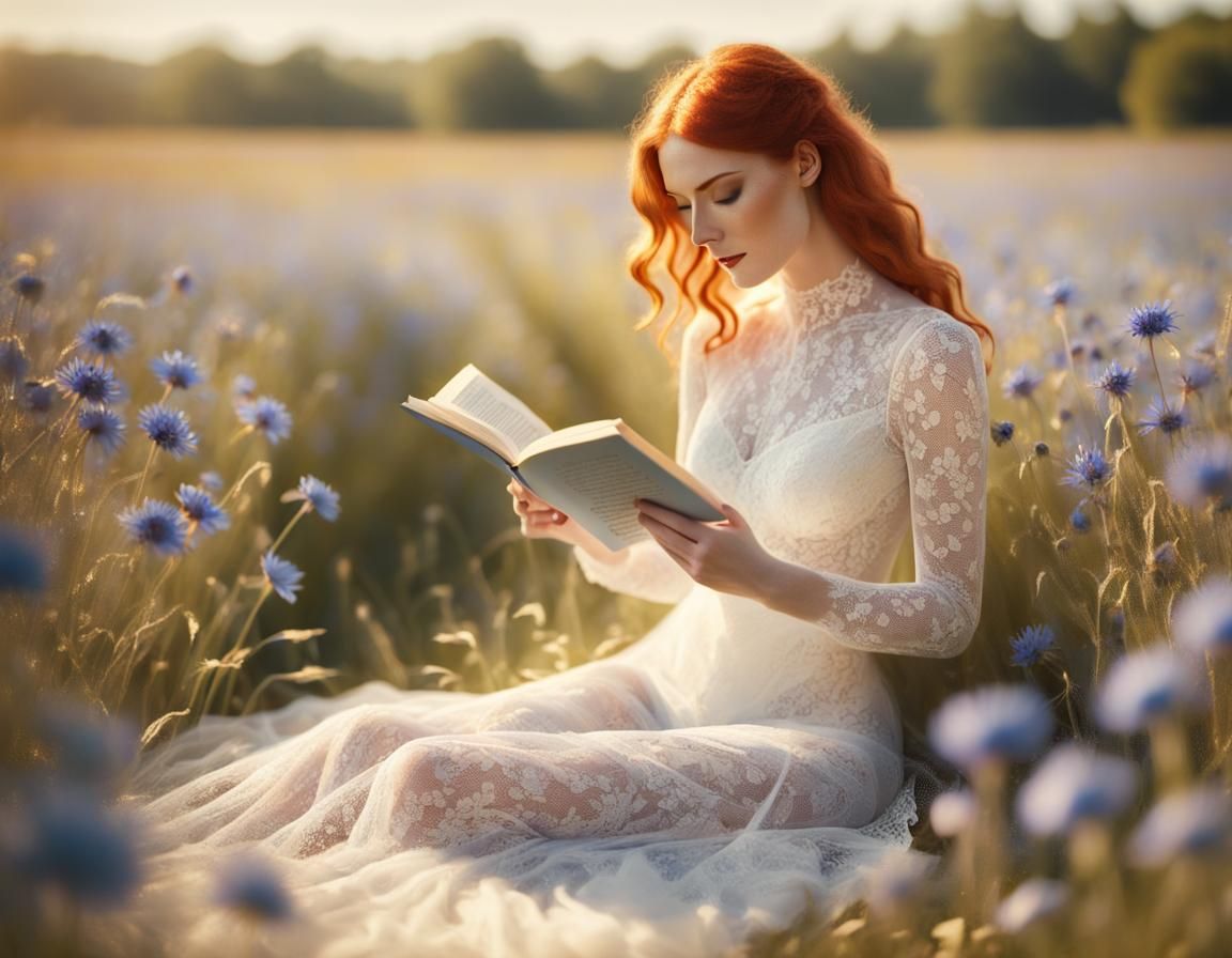 Woman Reading in Cornflowers: a Romantic Digital Portrait