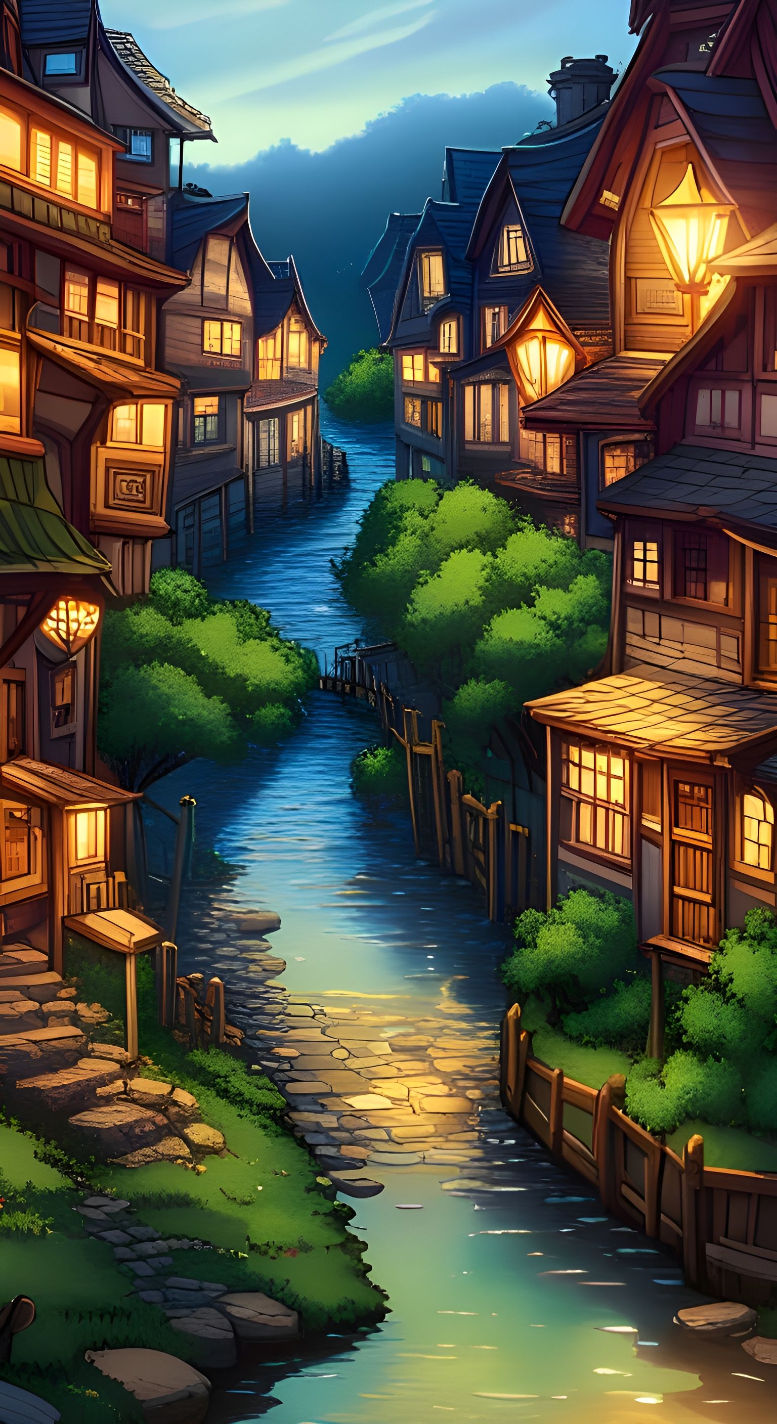 Colorful Small Town Stream in Animation Style