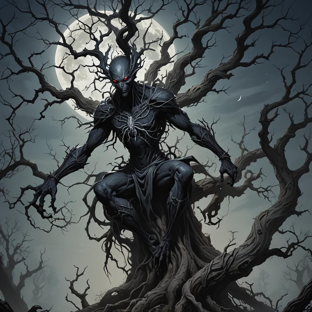 Dark Elf Stands Beneath Ancient Tree in Moonlit Forest