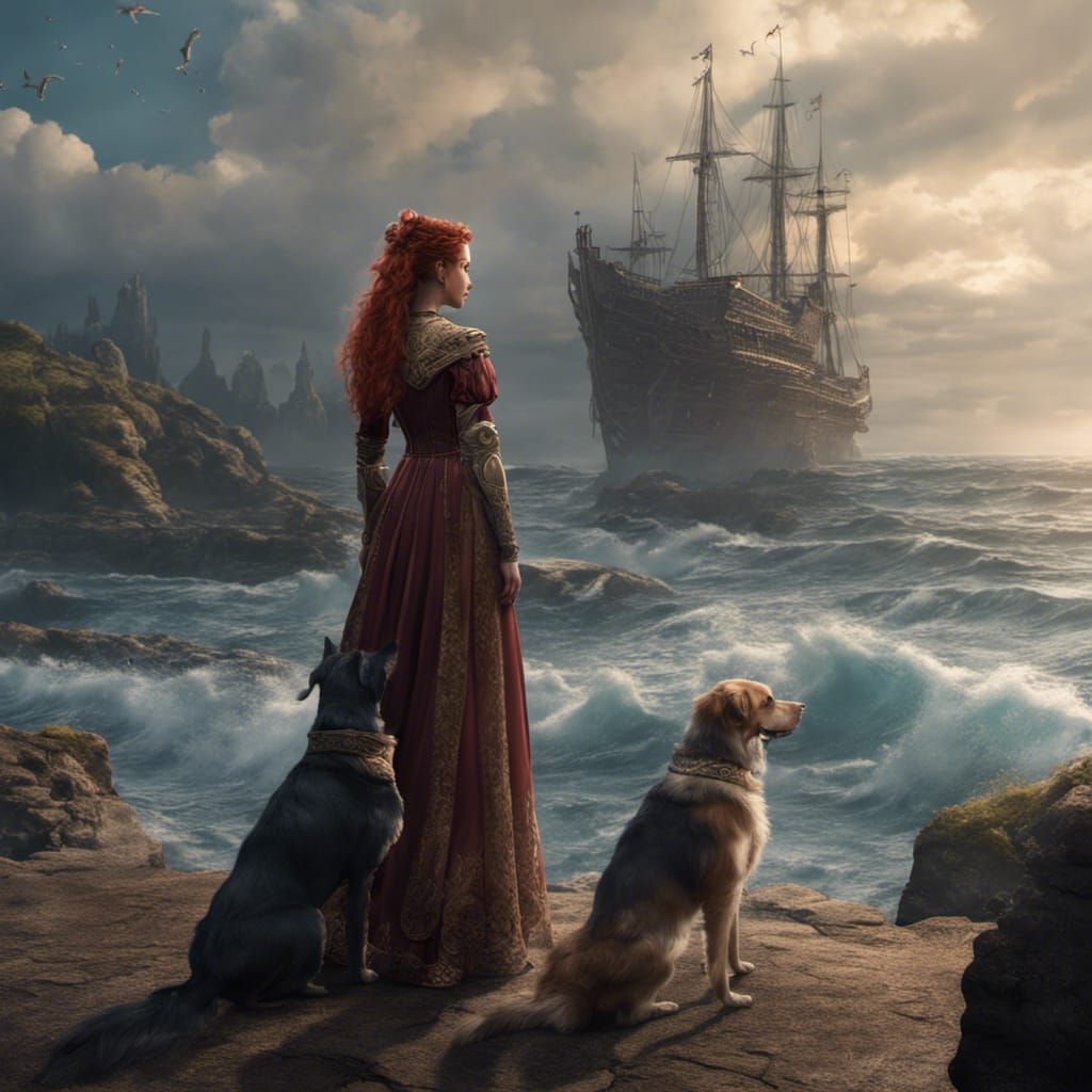 Princess with Dogs at Ocean's Edge: Fantasy Art