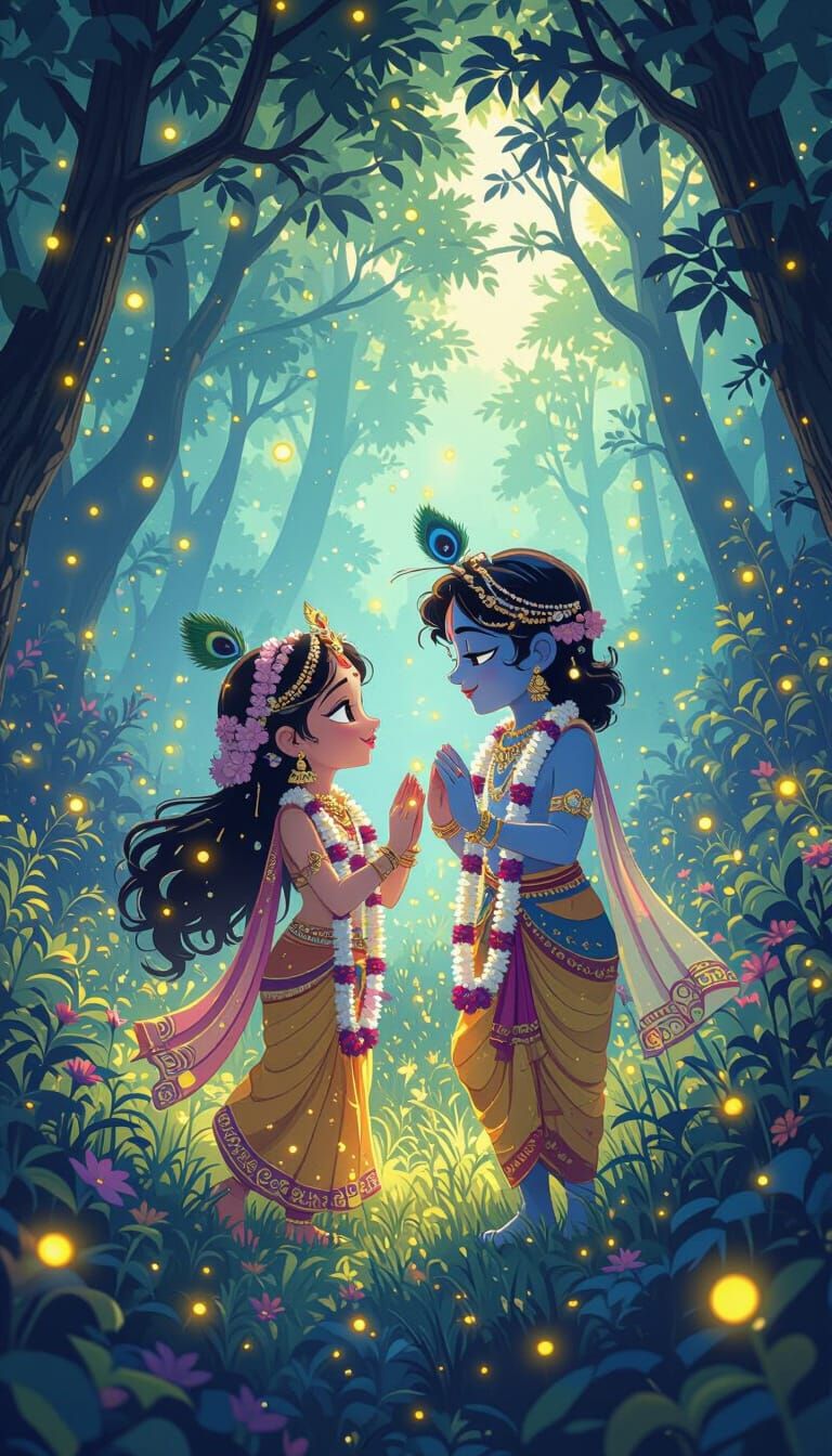 Radha Krishna in Ghibli Style Forest Scene